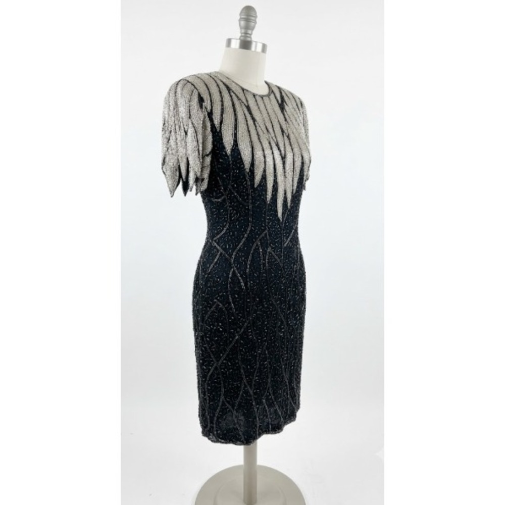 Vintage Scala dress silk Beaded Cocktail Small Sliver dark Blue Sequin 1980's